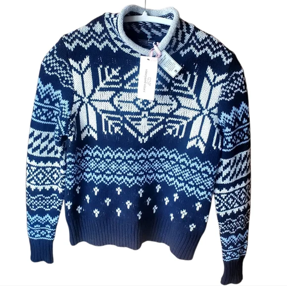 Vineyard Vines Merino Wool Blue Fair Isle Roll Mock Neck Sweater XXS - Picture 2 of 8